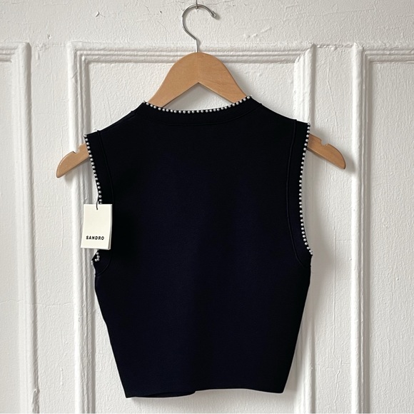 Sandro Knit Pearl Trim Crop Top Sleevles Jumper Small - Picture 7 of 7